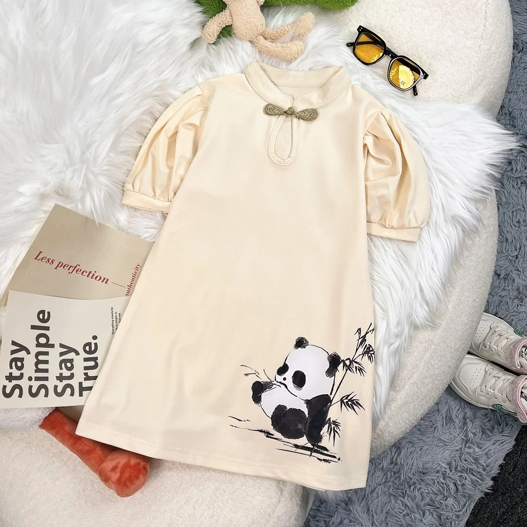 

2023 Fashion Beige Cotton Cartoon Panda Cheongsam Dress Girls Summer Kawaii Boy Short Sleeved Top Shorts Tang Suit with Pocket