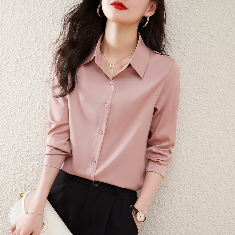 

Женская атласная рубашка, элегантная рабочая одежда с длинным рукавом, модная однотонная блузка в Корейском стиле, базовый женский топ, вес...