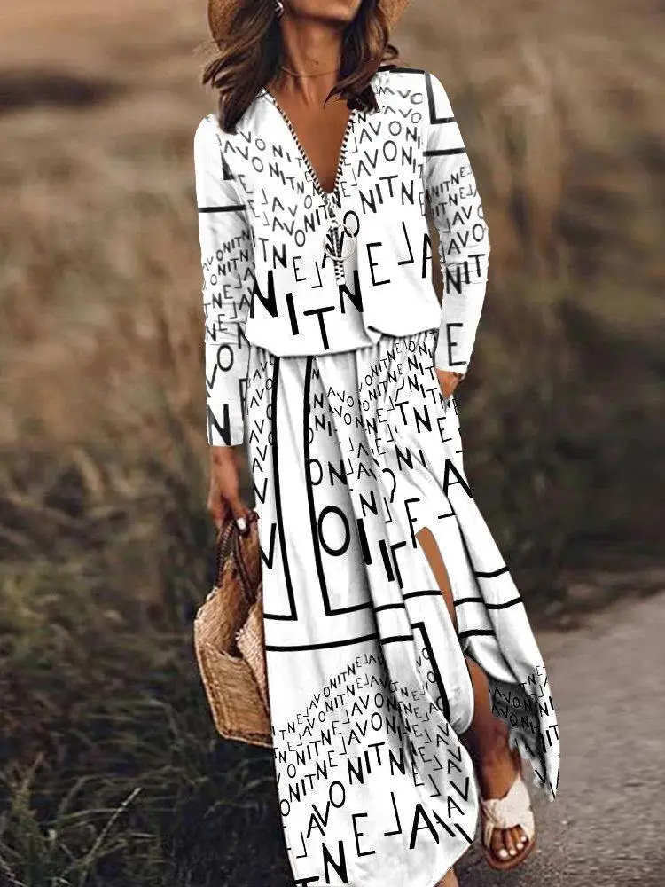 

2023 Cross Border Spring/Summer New Long Sleeve Long Dress Casual Womens Waist Zipper Letter Printed Dress In Europe And America