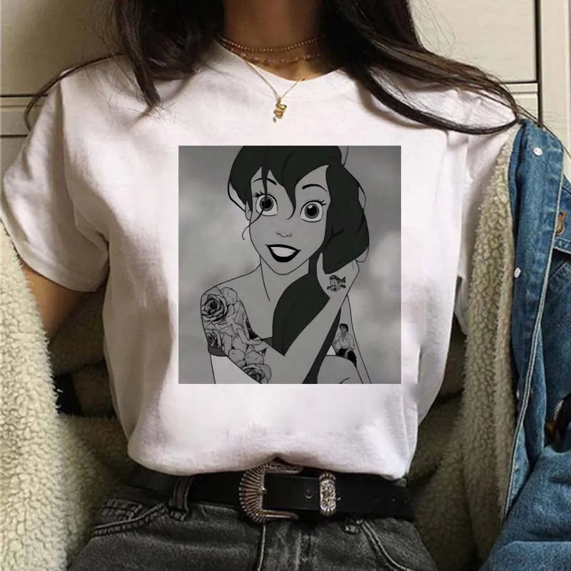 

Women Harajuku Clothes Disney Cool Princess Print Top Cool Punk T Shirts Streetwear Casual T-shirt Loose Comfort Tee Streetwear