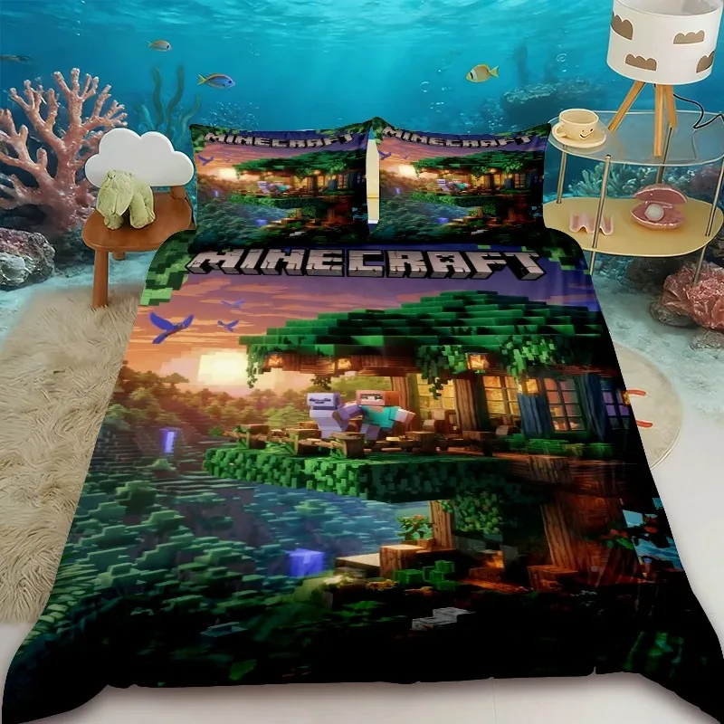 Фото Комплект постельного белья Minecraft (2/3 предмета): пододеяльник с милым мультяшным принтом, 1/2 наволочки, подарки для спальни и общежития №4