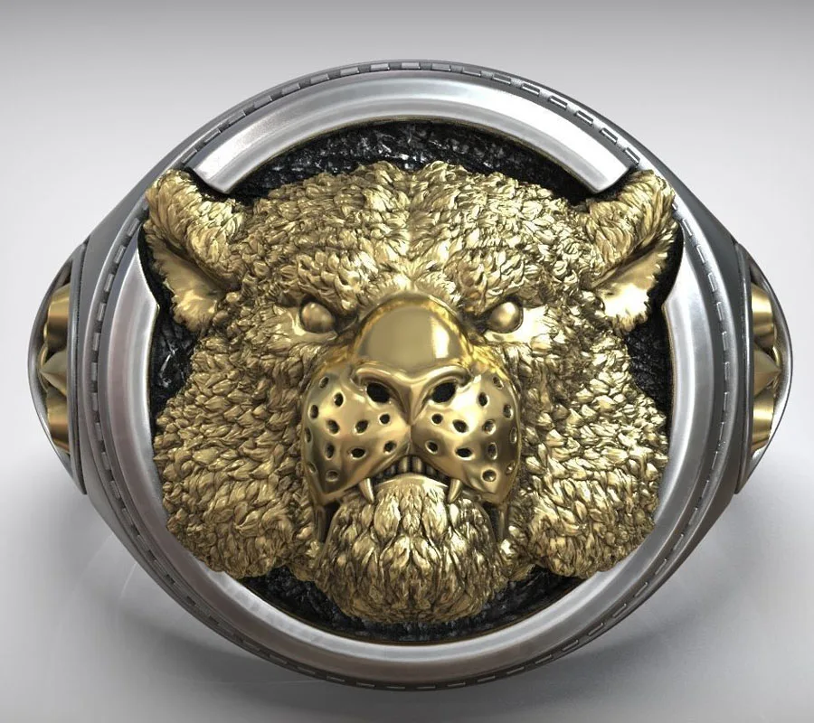 

3D Tiger Head Signet Oxidized Fleur De Lis Gold Ring 925 Solid Sterling Silver Black Gold Ring