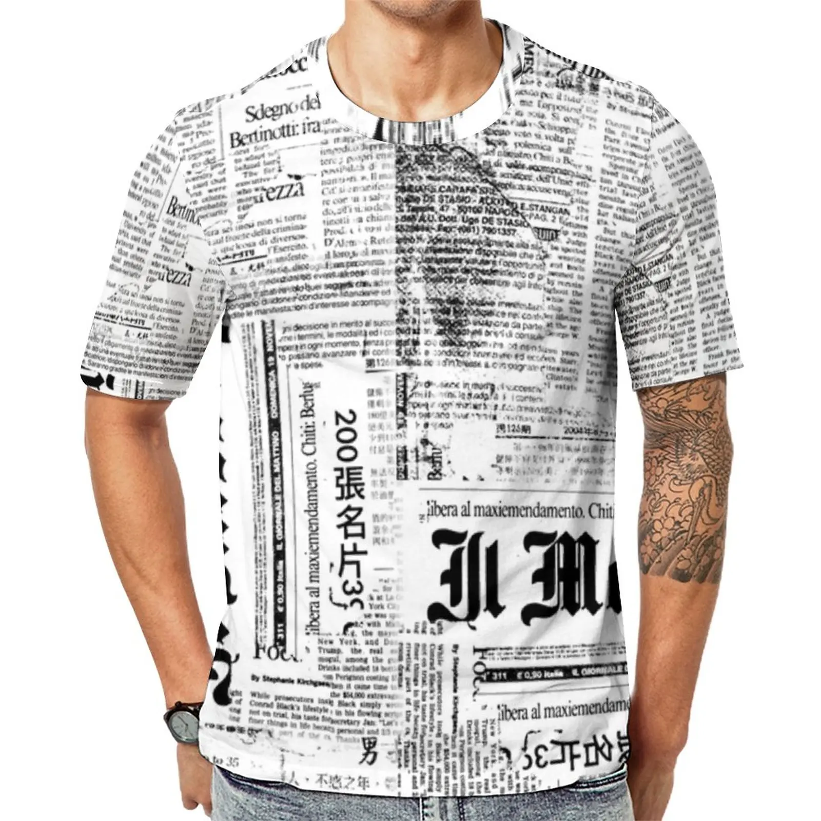 

Grunge Newspaper T Shirt Black And White Kawaii T-Shirts O-Neck Vintage Tee Shirt Summer Men Print Tops Large Size