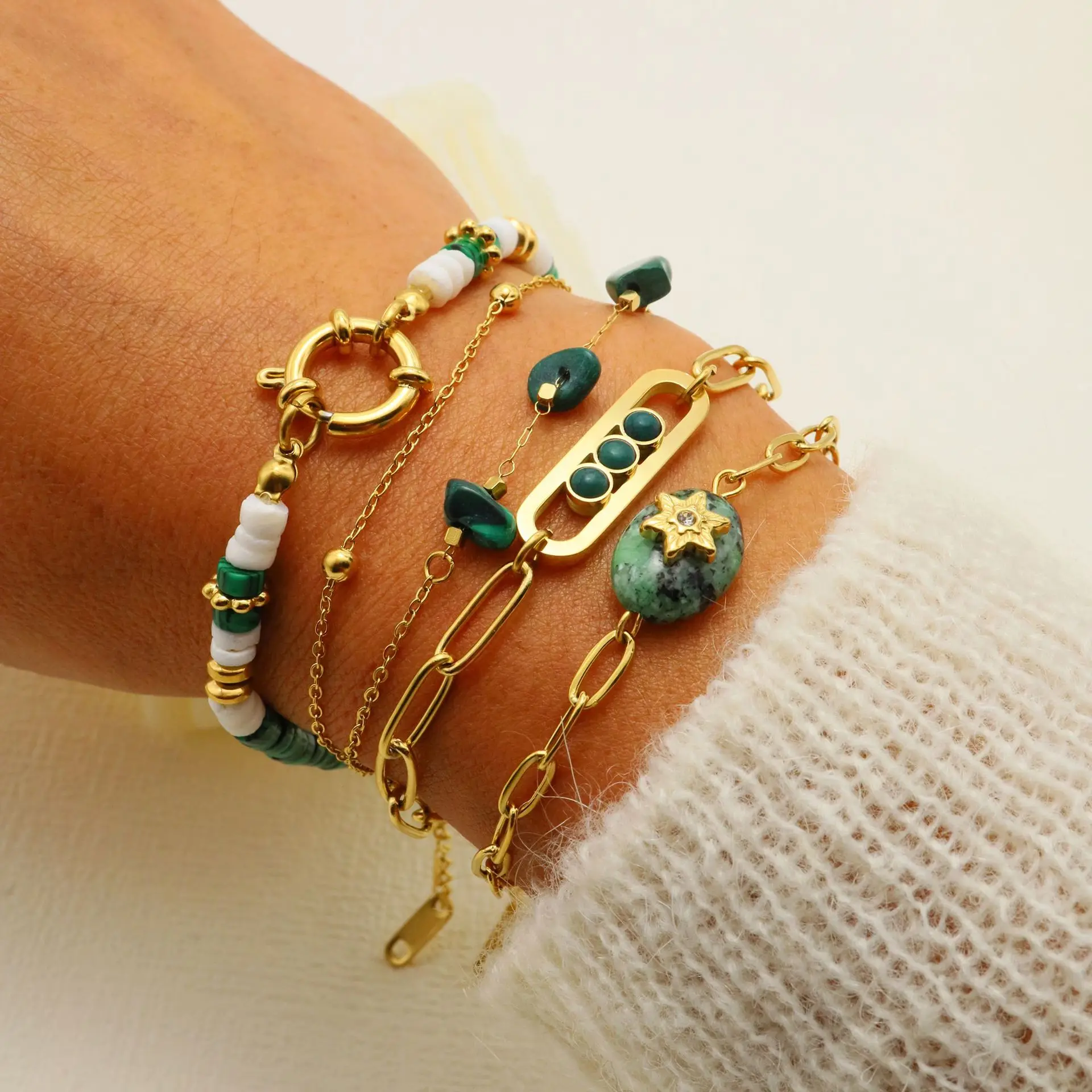 Women's Classic Boho Stainless Steel Bracelet Set With Malachite Zircon Paved Beaded Ins Fashion Bangles 