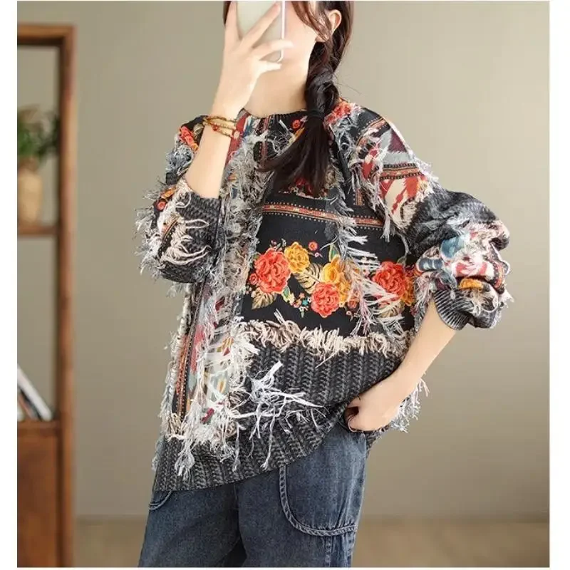 Женский свитер с бахромой Dimanaf свободный трикотажный пуловер цветочным принтом