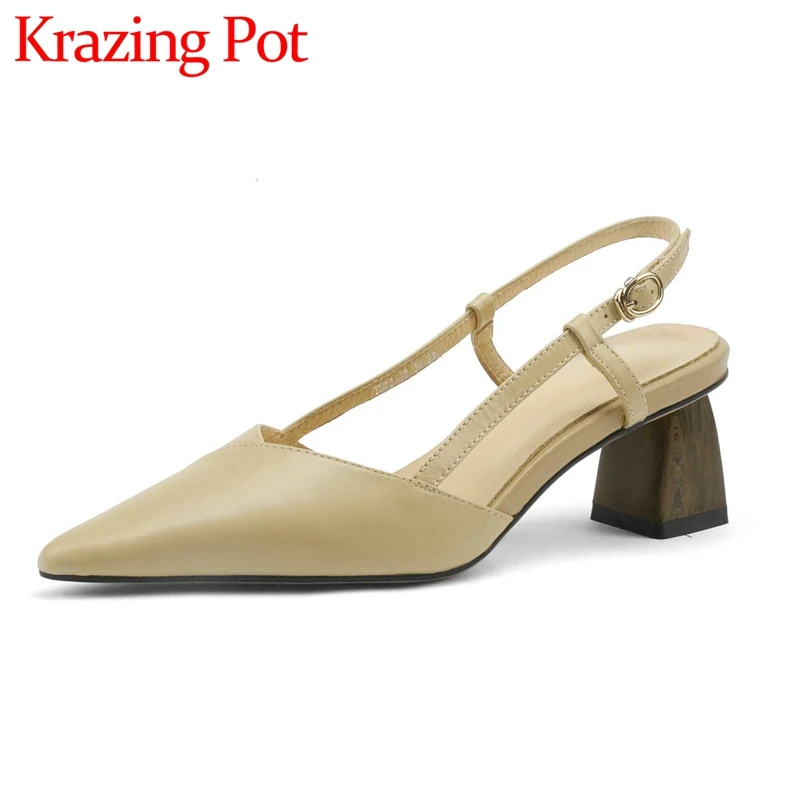 

Krazing Pot Genuine Leather Pointed Toe High Heels Slingback Concise Style Young Lady Dress Buckle Strap Solid Women Pumps L92