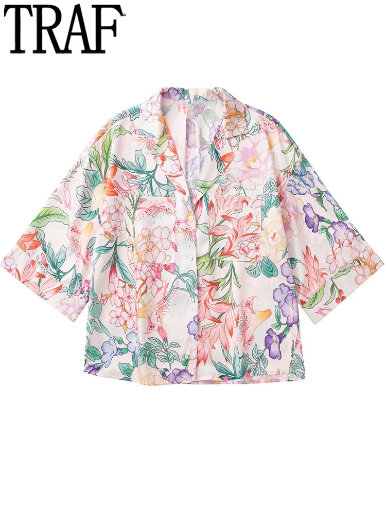 

TRAF Women Shirt 2022 Floral Blouse Female Button Up Baggy Shirt Woman Cottagecore Beach Outing Summer Blouses And Shirts