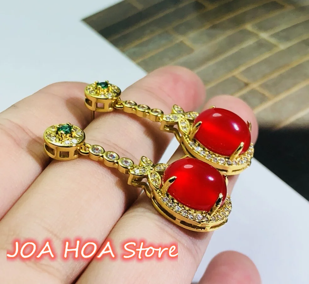 

New Genuine 925 Silver Gold-plated Inlaid Natural Chalcedony Agate Jade Earrings Gift Accessories Perfect Red Eardrop Jewelry