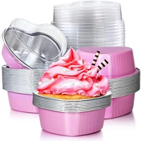 50 sets 100ml aluminum foil cake pan heart shaped cupcake cup with lids flan baking pans for mothers day wedding birthday