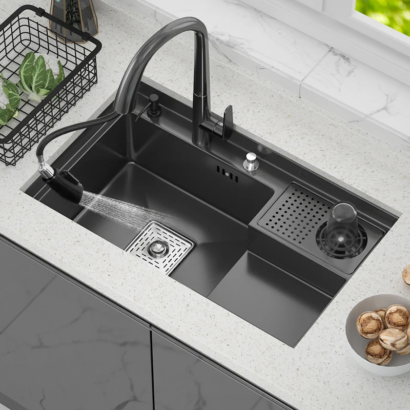 

Kitchen Sink Stainless Steel Large Single Blow Stepped Wash Basin with High Pressure Cup Washer Black Modern Home Resturant Sink