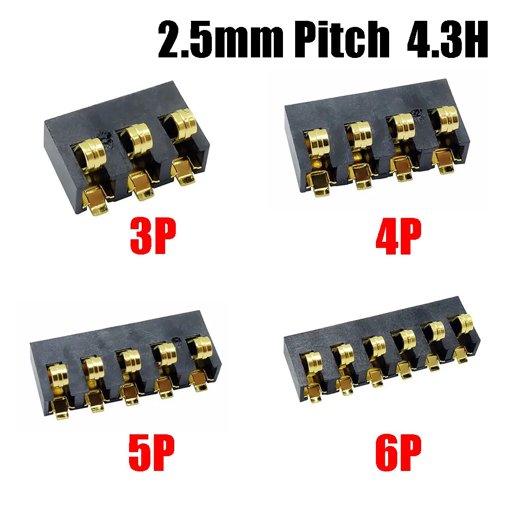 

SMT Spring Battery Connector 2.5 MM Pitch 3 4 5 6 Pin Male Contact Power Charge Connector Contacts Gold Plated 4.3H