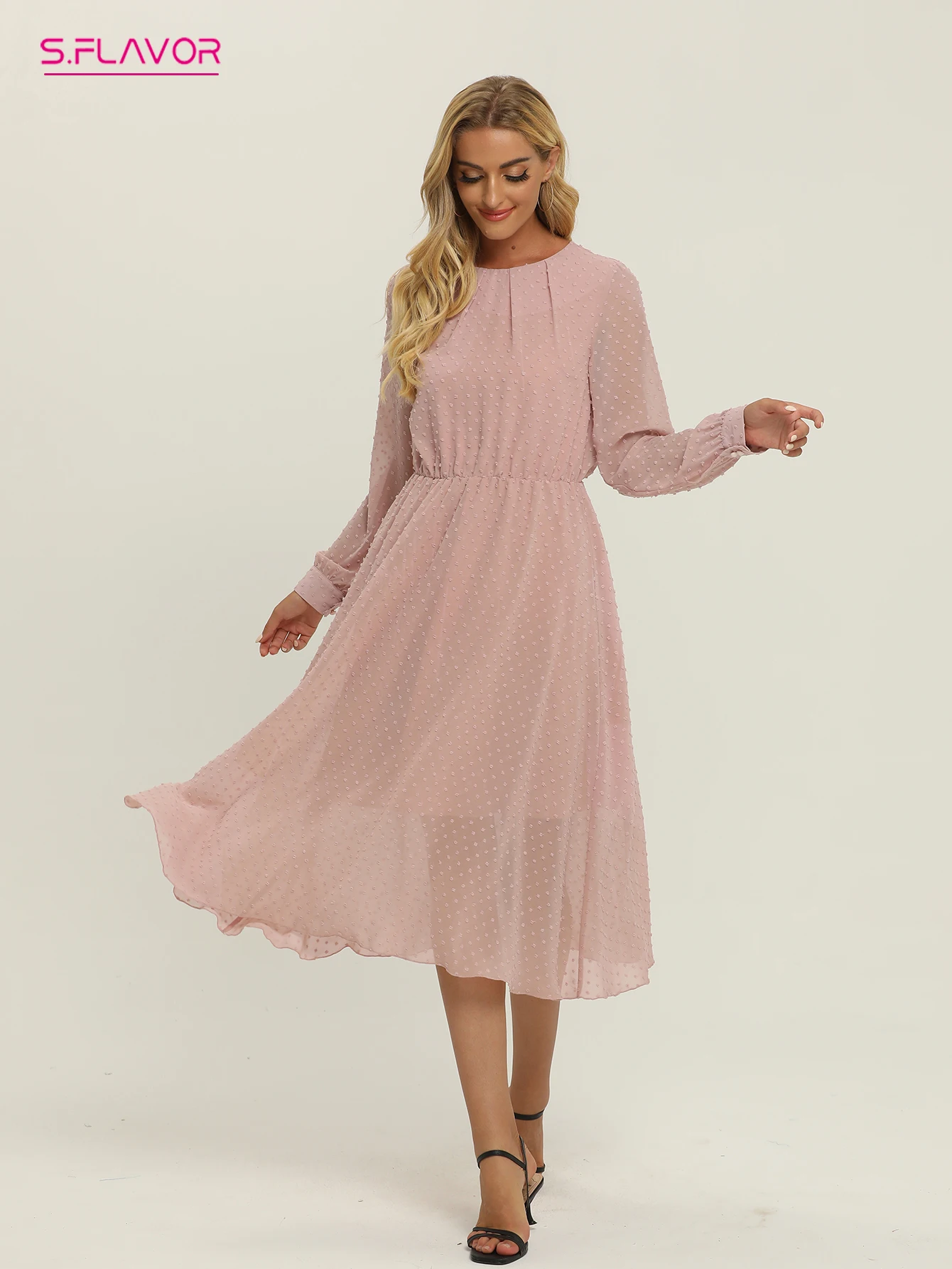 

S.FLAVOR Women Elegant Polka Dot Chiffon Dresses O Neck Vintage Slim Mid Sundress Long Sleeve Autumn A-line Party Vestidos De