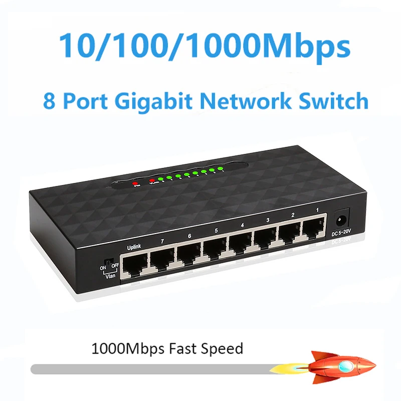 8 Port Gigabit Network Switch 1000Mbps RJ45 LAN Desktop Fast Ethernet Switching HUB Power Adapter for Home Monitor