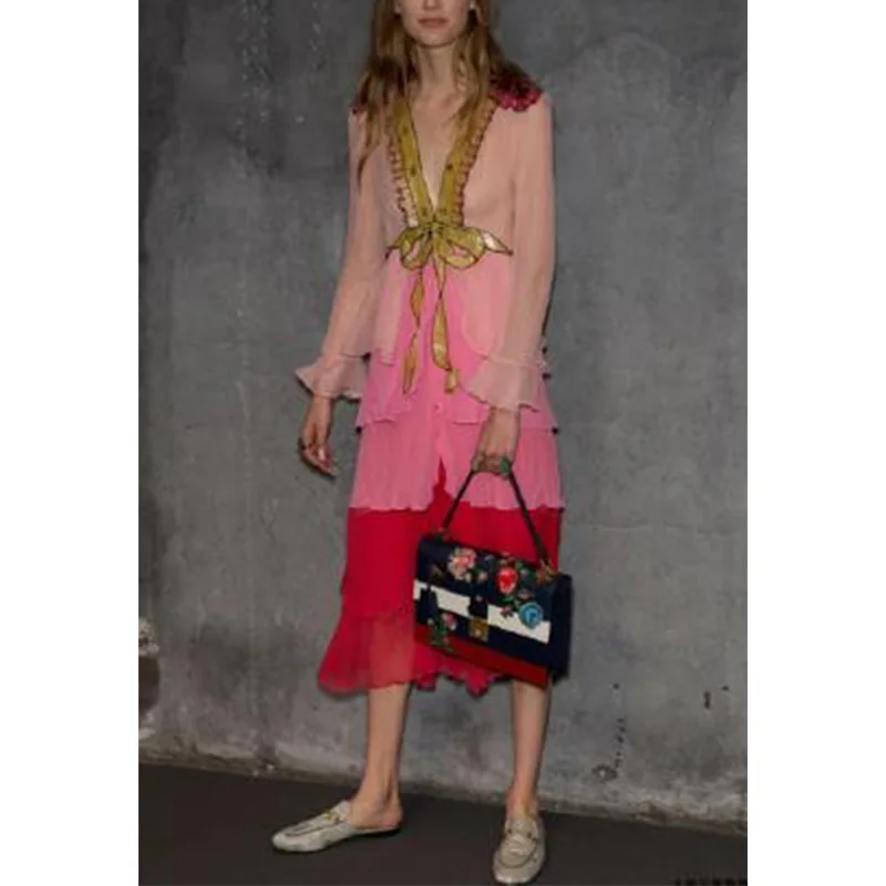 

Брендовое роскошное женское пикантное длинное платье розового цвета с глубоким V-образным вырезом, блестками и бантом, Брендовое шифоновое платье с оборками для отпуска, праздничная одежда