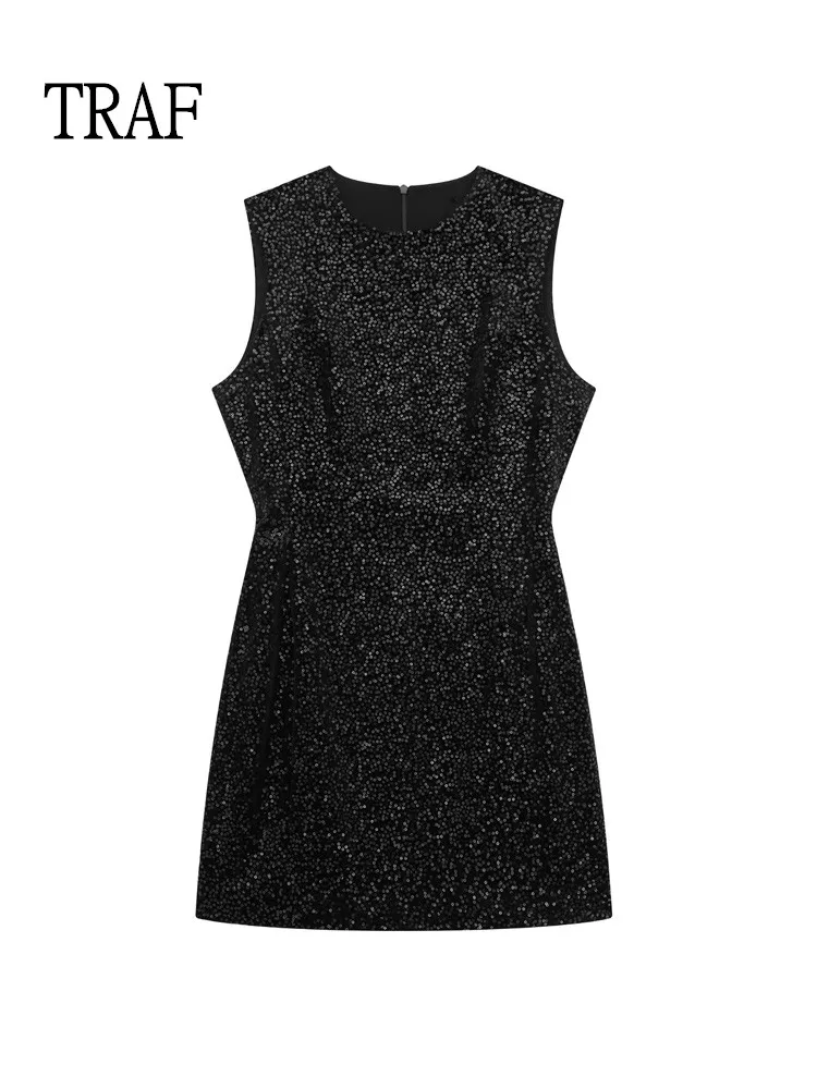 

TRAF Black Short Dresses Women 2022 Vintage Sequins Mini Christmas Dress Women Clothing Sleeveless Elegant Party Dresses Ladies