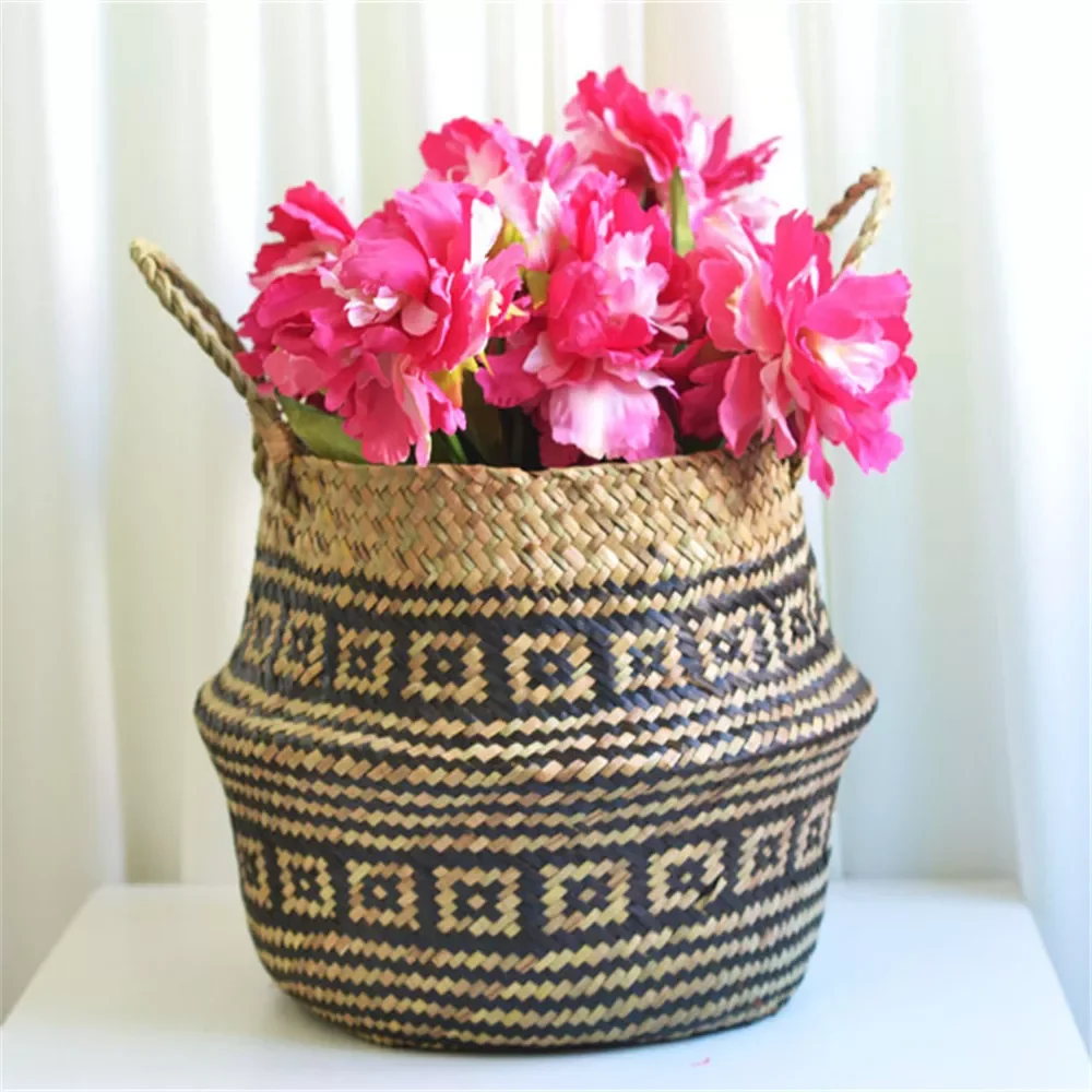

2022Seagrass Wicker Basket Flower Pot Folding Basket Dirty Basket Storage Decoration Storage Organizer