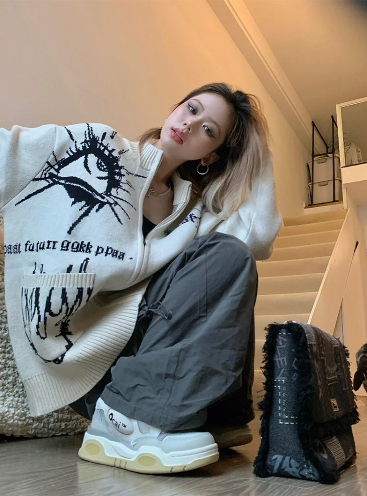 

American Street Hip Hop O-neck Print Cardigans Sweater Spring Lazy Long Sleeve Sweaters Loose Thicked Warm Knitted Cardigan