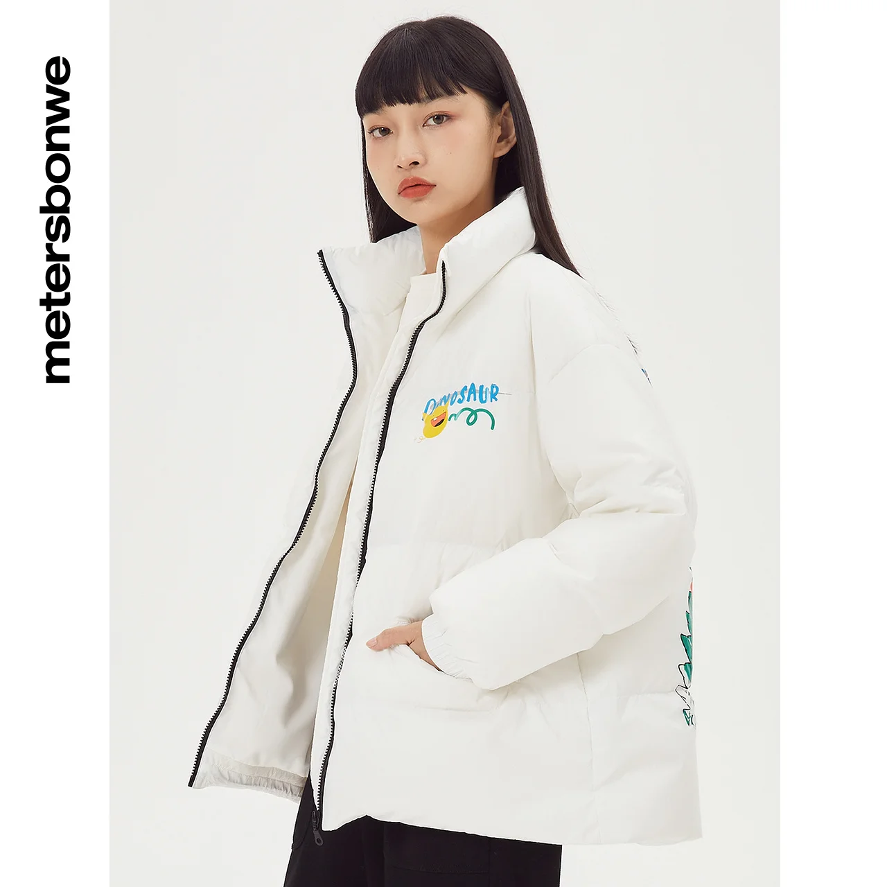 Metersbonwe Women's Puff Coat With 80%Duck Down Stand Collar Back Cartoon Print Warm Wear Oversize Hot Sale Winter Down Jackets