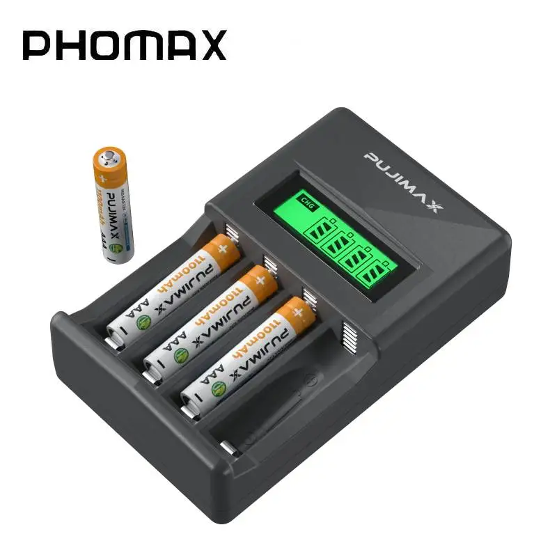 

PHOMAX 4 Slots LCD Display Smart Battery Charger for 1.2V AA/AAA Ni-MH/Ni-Cd Rechargeable Battery with 4 Pcs AAA 1100mAh Battery