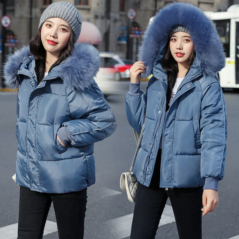 2023 Female Fashion Outwear Women's Large Fur Collar Hooded Thick Cotton Down Thickened Jackets Winter Coats Solid Simple Parkas