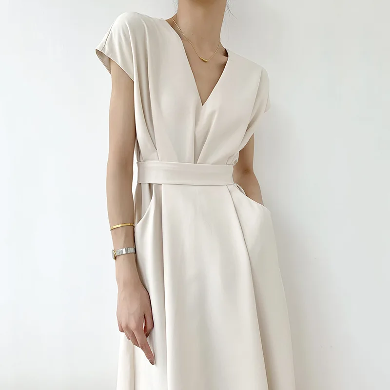 

Summer Maxi Dresses for Women French Fashion Elegant Dress Solid Color V-neck Office Lady Spring Long Clothing with Belt 2023