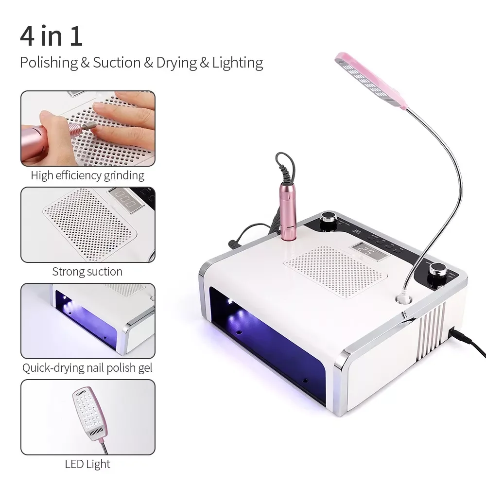 108W 4 IN 1 Pro Nail Manicure Polishing&Suction&Drying&Lighting Nail Drill Nail Dust Collector with Dryer Lamp and L