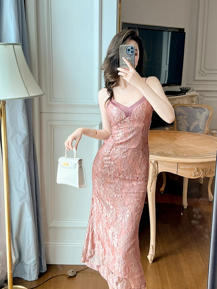 Women's Sexy Fishtail Dress Summer Lace French sle Socialite High end Slim fit Pure Desire Sle Suspender Long dress