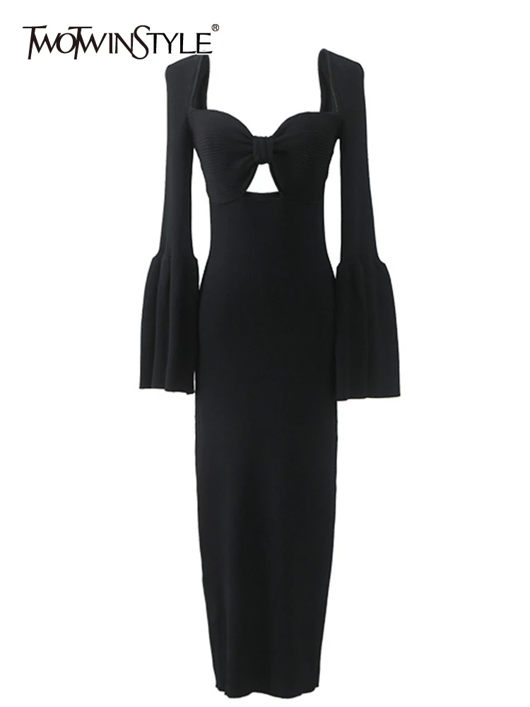 

TWOTWINSTYLE Solid Hollow Out Bodycon For Women Square Collar Flare Sleeves High Waist A Line Sexy Dresses Female Fashion 2023