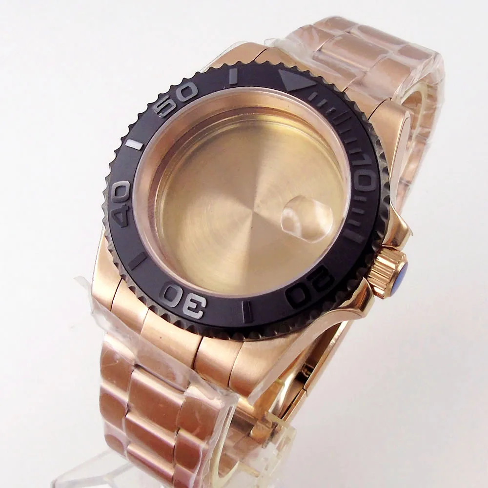 

fit NH35A NH36A Rose Gold 40MM Watch Case Black Bezel Ring Sapphire Crystal Black YM insert Glide Lock Clasp