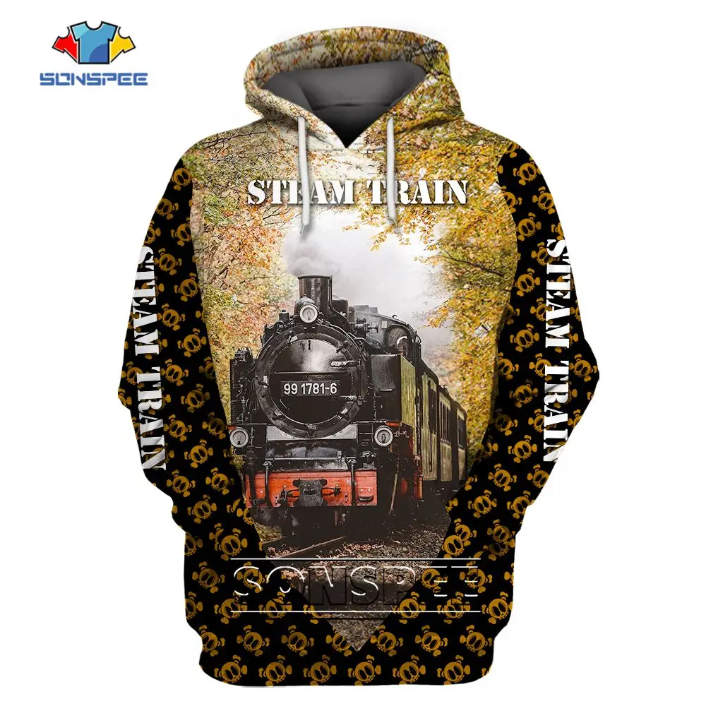

SONSPEE Steam Train Pattern 3D Printed Street Hoodie Men Women Railway Sports Clothing Long Sleeve Hip Hop Travel Landscape Top