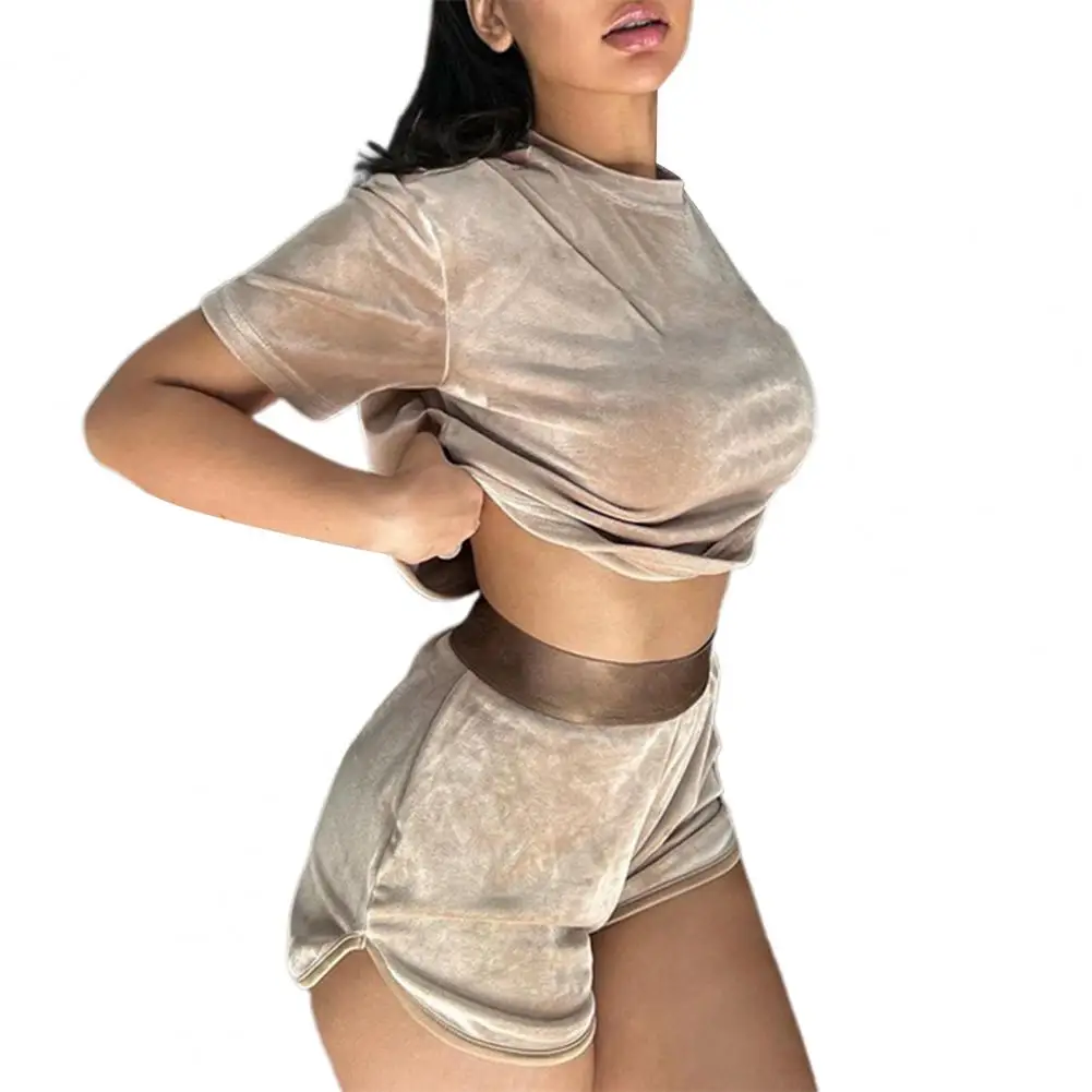 

Top Pants Set Stretchy Waist Women Top Pants Set Crew Neck Short Sleeve Lady Blouse Set