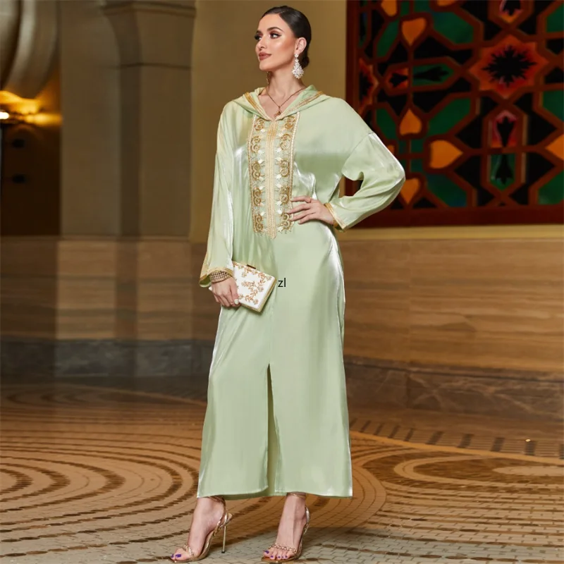 Floral Embroidery Lace Tape Hooded Dress Luxury Diamonds Solid Color Shiny Abaya For Women Dubai 2023 New in Dresses