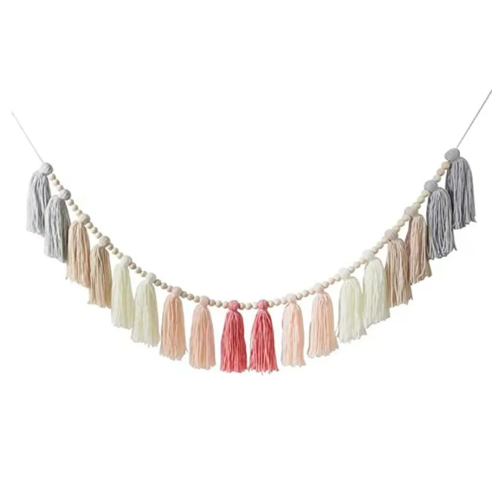 

1 Pcs Wood Tassel Garland New Wool with Tassel Boho Party Decorations Pink Grey Colorful Decor Baby Shower