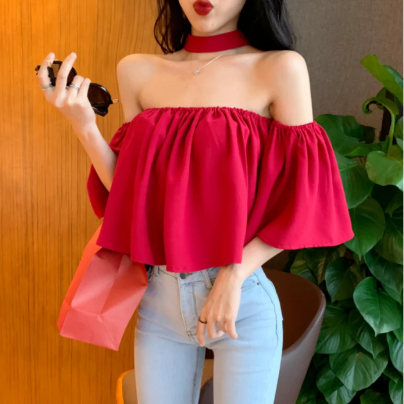 

Sexy Off Shoulder Summer Blouse Woman Fashion Youth Blouses Ruffle Chiffon Halter Backless Cute Tops Evening Party Club 2023 New