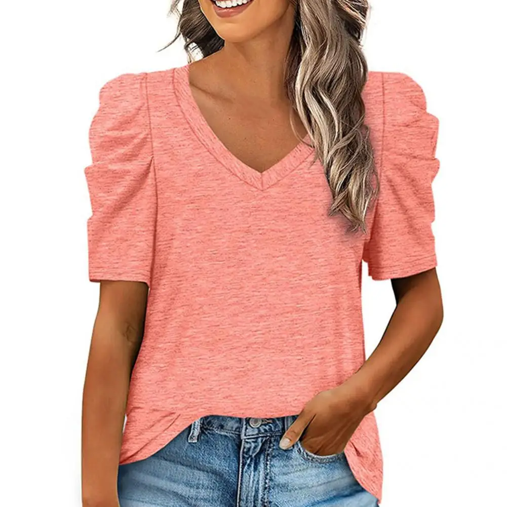 

Женский топ с коротким рукавом, летняя яркая Однотонная футболка с рюшами, женская футболка для офиса