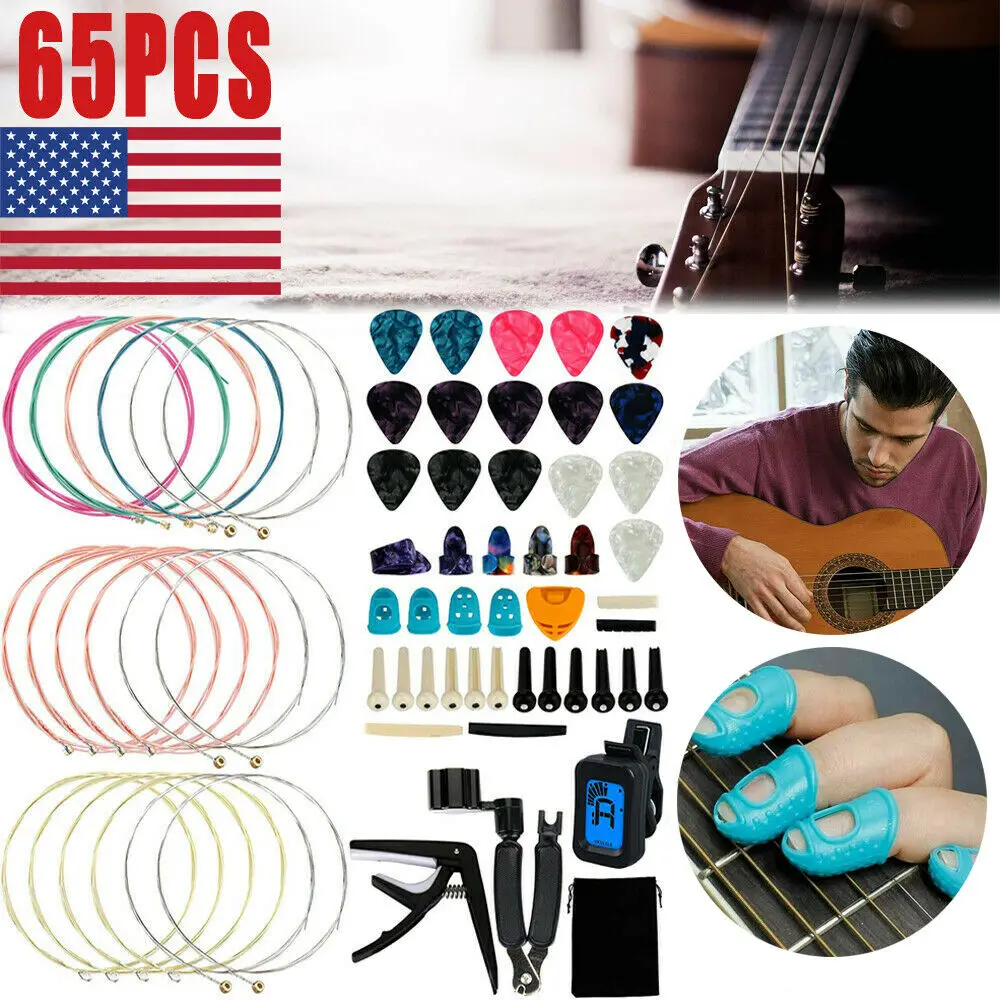 

65Pcs Guitar Acoustic Replacement Accessory Kits Guitar String Pick Tuner Winder Finger Picks for Guitar Players and Beginners