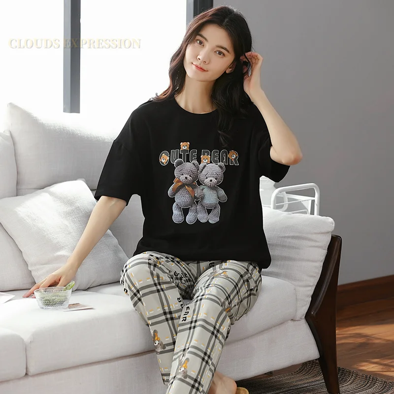 

New Summer Two Pieces Suits Elegant Womens Pajama Sets Nightwear Casual Pyjama Plaid Long Pants Sleepwear Lounge Home Fashion