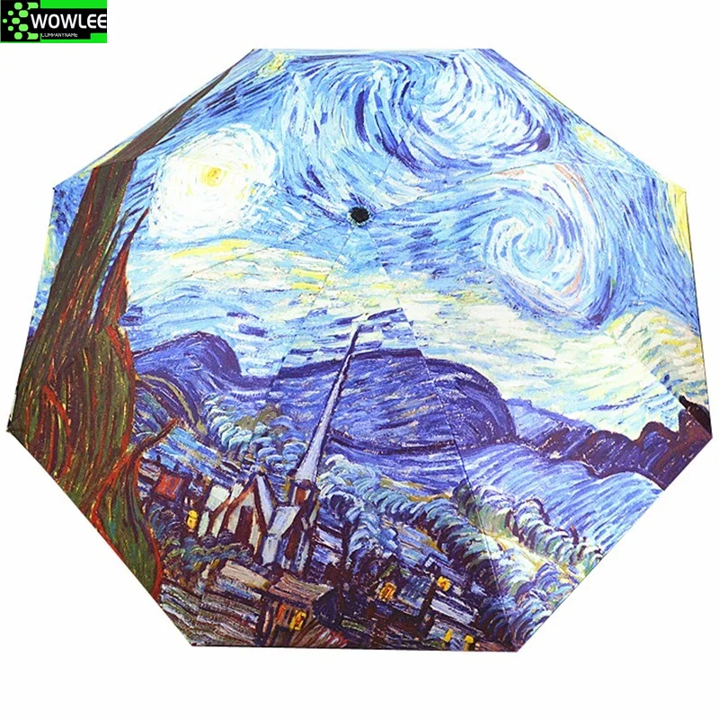 Складной зонт женский, устойчивый к ветру, Парагуас Ван Гога, масляная живопись, дождевой зонт для женщин, качественное черное покрытие, парасоль.