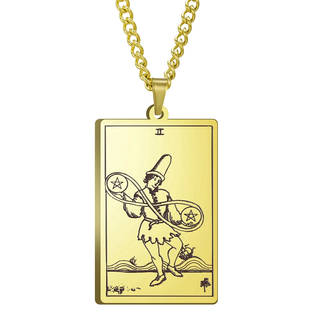 

3 Colors Black Color Gold Color Steel Color 24x40mm Tarot Two Of Pentacles Pendant Necklace With 60cm Link Chain