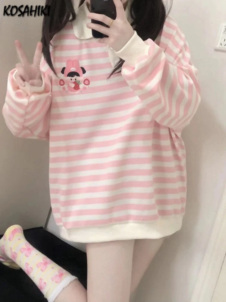 

Japanese Y2k Aesthetic Cute Print Hoodies Women Casual Loose Pullover Turn-down Collar Hoody Fashion Harajuku Striped Sweatshirt