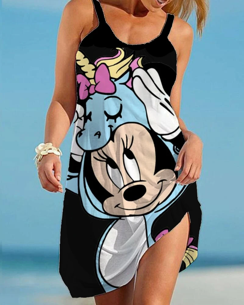 Funny Minnie Sexy Women Dress Fashion Women Beach Dress Sling Mid Length Sleeveless Dress Disney Brand Streetwear Evening Dress