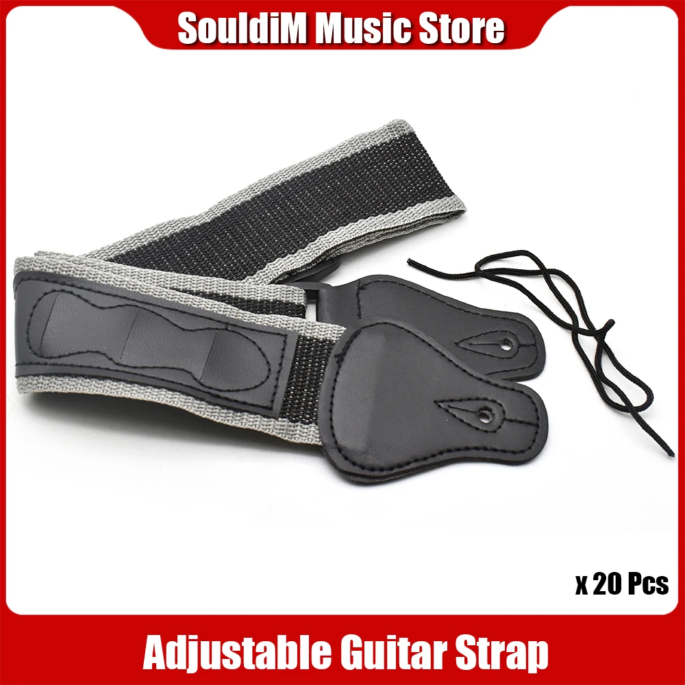 20pcs Adjustable Guitar Strap Belt with Guitar Picks Holders Leather Ends Multifunctional Black Nylon