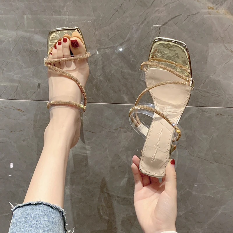 

2021 Summer New Rhinestone Thin Belt Bowknot Thick Shoes High Heels Women's Shoes Large Size Sandals heels women