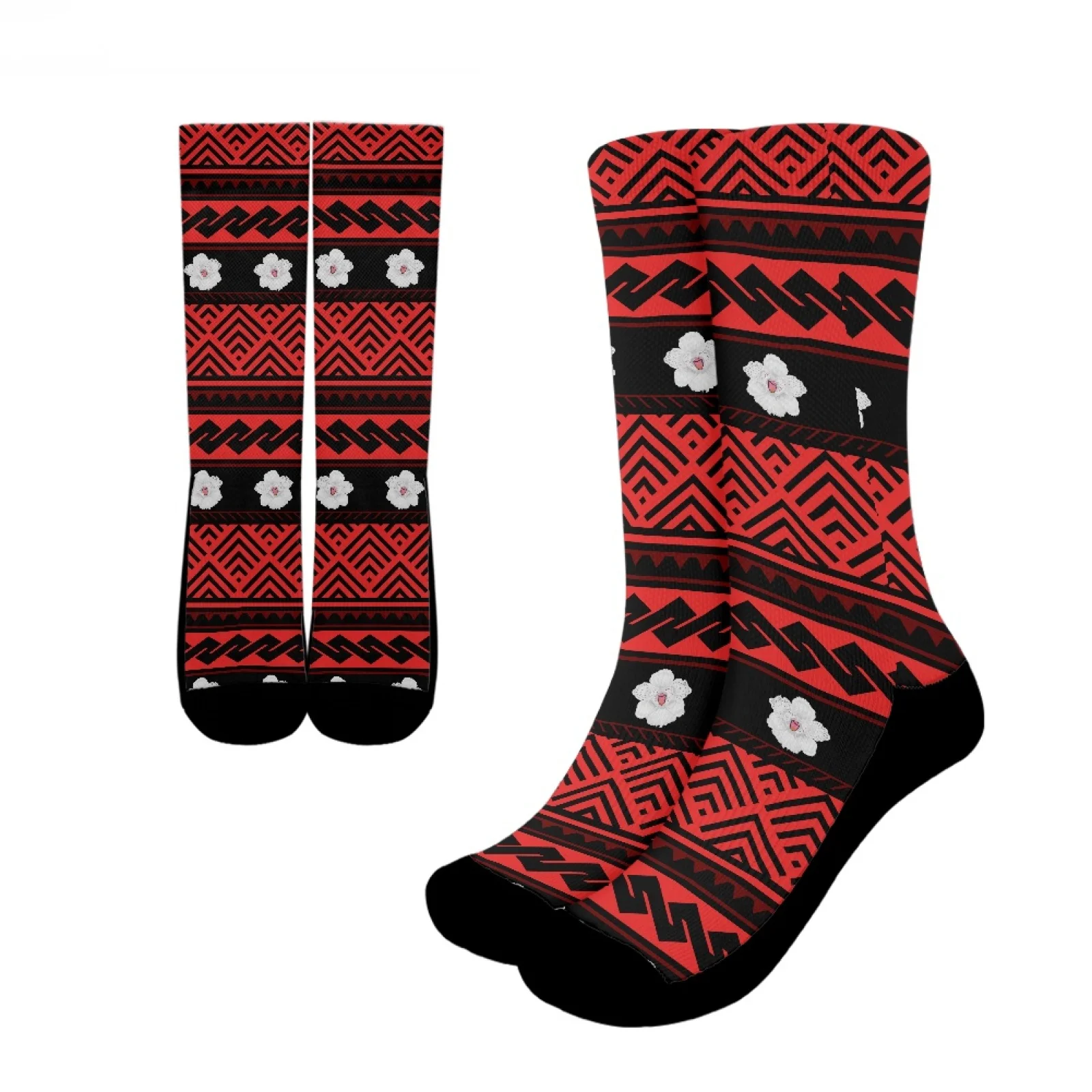 

Polynesian Tribal Samoan Totem Tattoo Samoa Prints Soft Comfort Polyester Fabric Hibiscus Crew Socks Fit Casual Everyday Wear