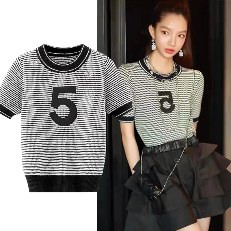 

Summer New Runway Knitted Sweater Pullover Women O-Neck Short Sleeve Striped Casual High Street 2022 Women Clothing Traf Tops