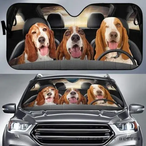 

Funny Basset Hound Family Driving Dad Mom and Child Dog Lover Car Sunshade, Gift for Basset Hound Mom, Car Windshield Durable Au