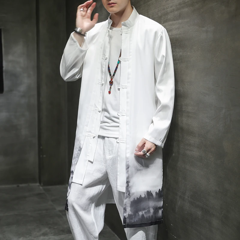 

2022 Men Vintage Cotton Linen Hanfu Trench Men Fake 2 Pieces Cardigan Kimono Coat Male Long Chinese Style Black Windbreaker 5XL