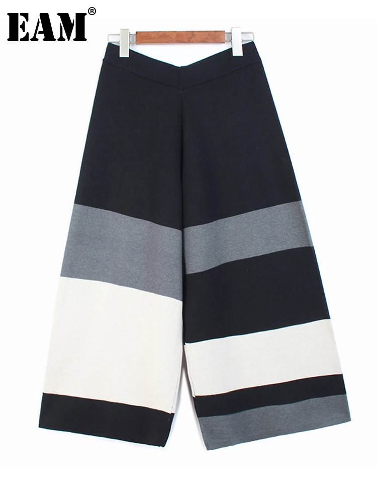 

[EAM] High Elastic Waist Color-block Knitting Wide Leg Pants New Loose Fit Trousers Women Fashion Spring Autumn 2022 1DF2377