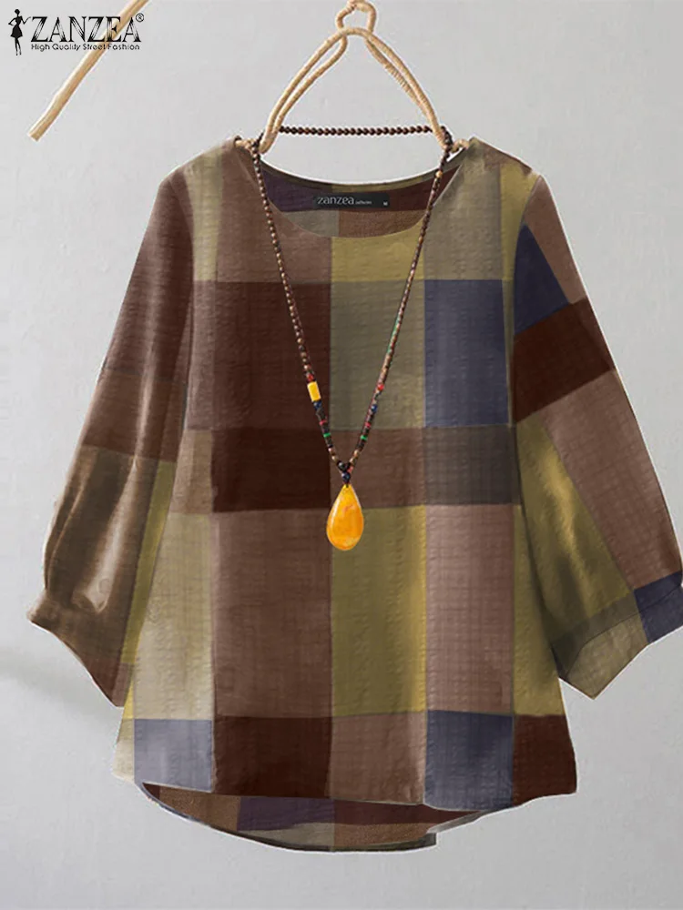 Женские повседневные свободные топы ZANZEA винтажная клетчатая блузка в клетку с