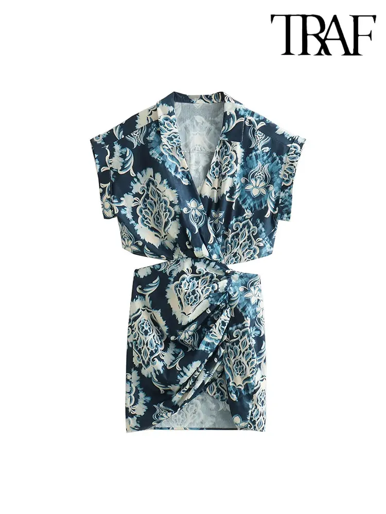 

TRAF 2023 Женские проемы Дизайн с принтом Мини Платье Стиль с короткими рукавами Ретро V воротник Летний отдых элегантное платье